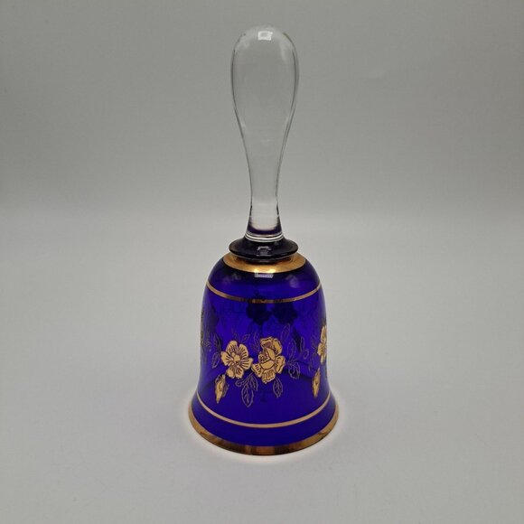 Bohemian Blue Glass Bell With Gold Floral Design - Picture 6 of 10